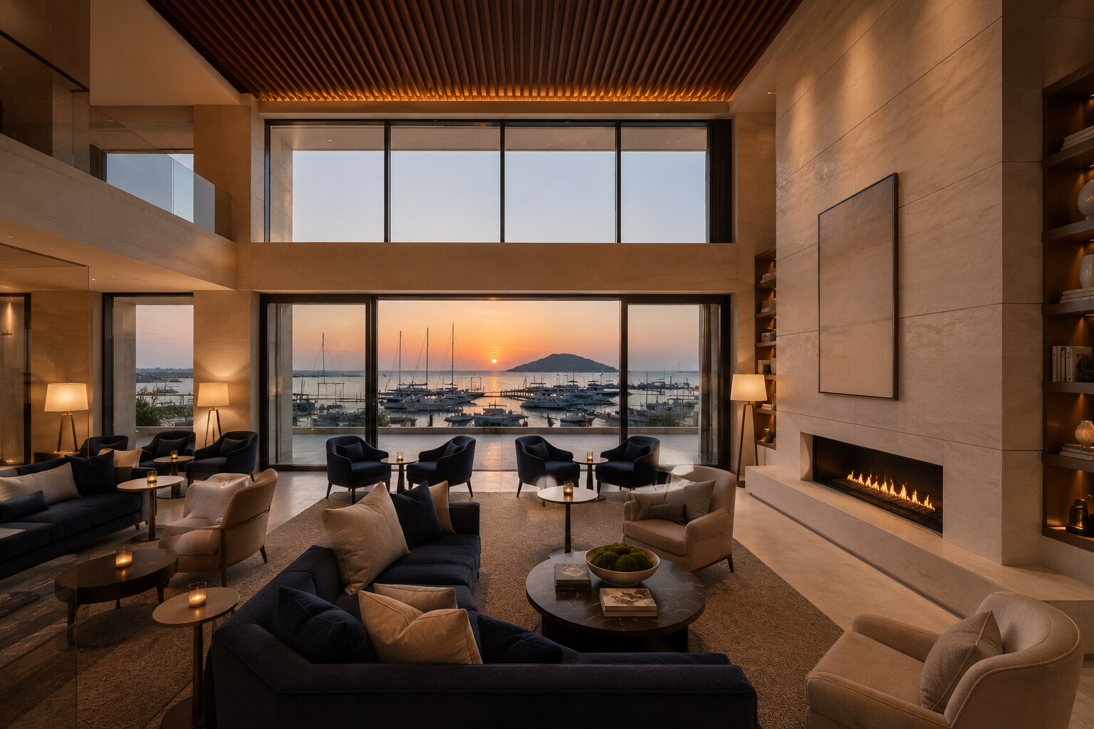 석회석 벽난로가 있는 프라이빗 멤버 라운지